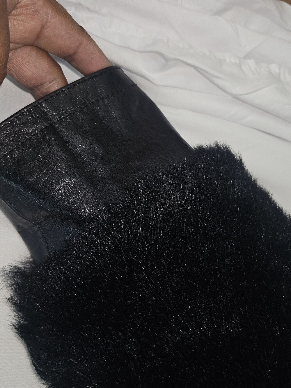 Black Double Breasted Fur & Imported Sheepskin Leather Jacket - Picture 8 of 11